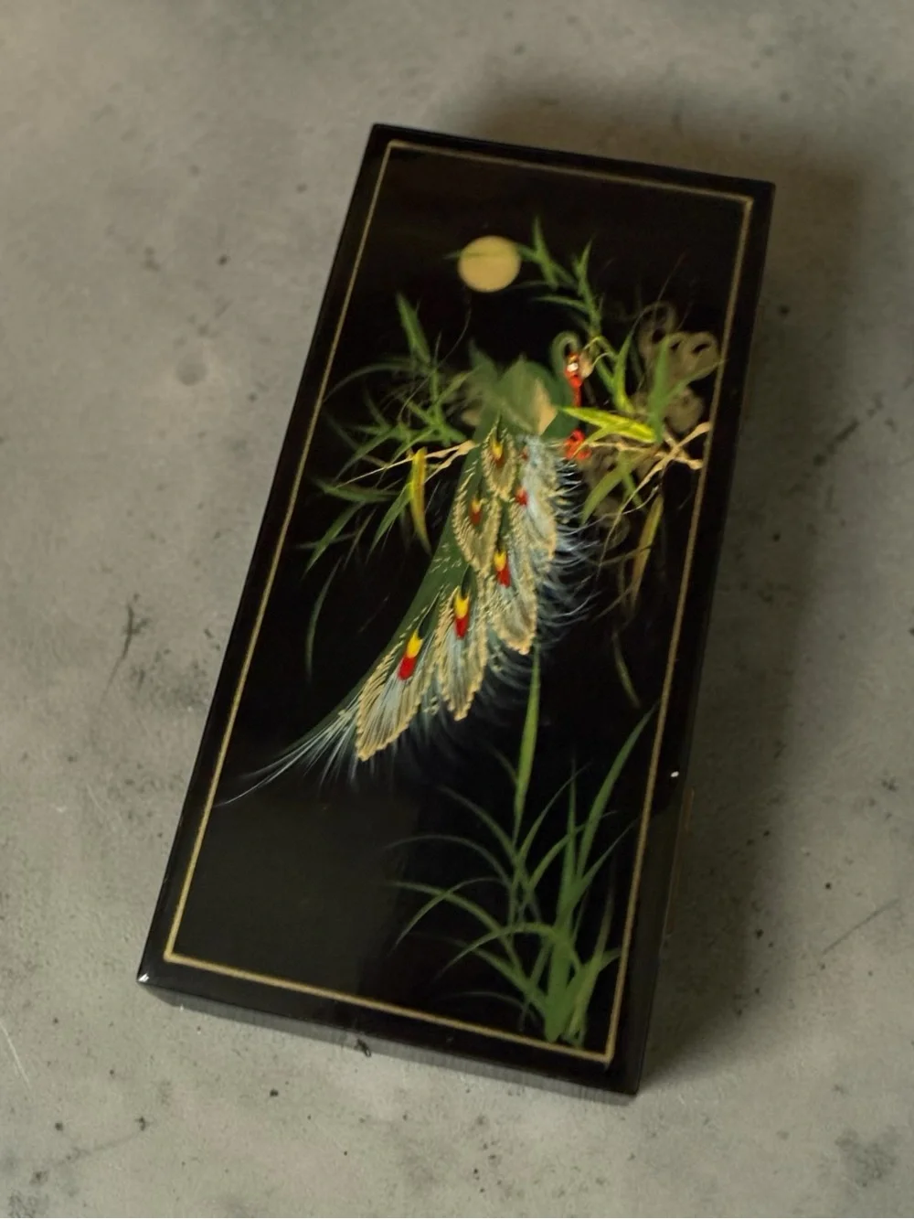 Japanese Hand Painted Bird Black Lacquered Jewelry Trinket Box Dresser Vanity